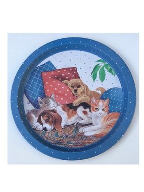 Vintage JSNY Dog & Cat Round Tin Tray 13"
